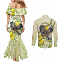 New Zealand Piwakawaka Fantail Bird Couples Matching Mermaid Dress and Long Sleeve Button Shirt With Kowhai Flowers LT05 - Polynesian Pride