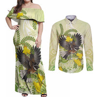 New Zealand Piwakawaka Fantail Bird Couples Matching Off Shoulder Maxi Dress and Long Sleeve Button Shirt With Kowhai Flowers LT05 Green - Polynesian Pride