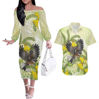 New Zealand Piwakawaka Fantail Bird Couples Matching Off The Shoulder Long Sleeve Dress and Hawaiian Shirt With Kowhai Flowers LT05 Green - Polynesian Pride