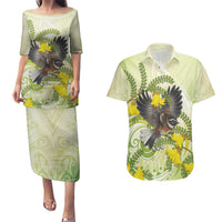 New Zealand Piwakawaka Fantail Bird Couples Matching Puletasi and Hawaiian Shirt With Kowhai Flowers LT05 Green - Polynesian Pride