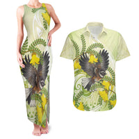 New Zealand Piwakawaka Fantail Bird Couples Matching Tank Maxi Dress and Hawaiian Shirt With Kowhai Flowers LT05 Green - Polynesian Pride