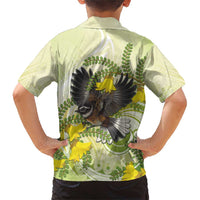 New Zealand Piwakawaka Fantail Bird Family Matching Short Sleeve Bodycon Dress and Hawaiian Shirt With Kowhai Flowers LT05 - Polynesian Pride
