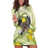 New Zealand Piwakawaka Fantail Bird Hoodie Dress With Kowhai Flowers LT05 Green - Polynesian Pride