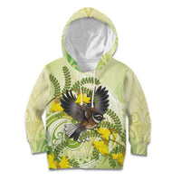 New Zealand Piwakawaka Fantail Bird Kid Hoodie With Kowhai Flowers LT05 Hoodie Green - Polynesian Pride