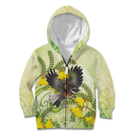 New Zealand Piwakawaka Fantail Bird Kid Hoodie With Kowhai Flowers LT05 Zip Hoodie Green - Polynesian Pride