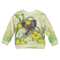 New Zealand Piwakawaka Fantail Bird Kid Ugly Christmas Sweater With Kowhai Flowers LT05 Kid Green - Polynesian Pride