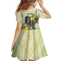 New Zealand Piwakawaka Fantail Bird Kid Short Sleeve Dress With Kowhai Flowers LT05 - Polynesian Pride