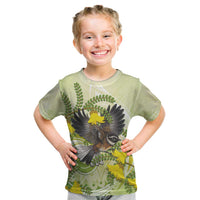 New Zealand Piwakawaka Fantail Bird Kid T Shirt With Kowhai Flowers LT05 Green - Polynesian Pride