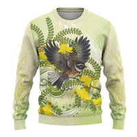New Zealand Piwakawaka Fantail Bird Ugly Christmas Sweater With Kowhai Flowers LT05 - Polynesian Pride