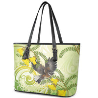 New Zealand Piwakawaka Fantail Bird Leather Tote Bag With Kowhai Flowers LT05 - Polynesian Pride