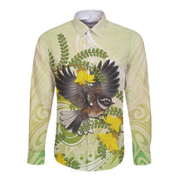 New Zealand Piwakawaka Fantail Bird Long Sleeve Button Shirt With Kowhai Flowers LT05 Unisex Green - Polynesian Pride