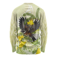 New Zealand Piwakawaka Fantail Bird Long Sleeve Shirt With Kowhai Flowers LT05 - Polynesian Pride