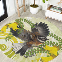 New Zealand Piwakawaka Fantail Bird Round Carpet With Kowhai Flowers LT05 Green - Polynesian Pride