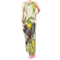New Zealand Piwakawaka Fantail Bird Tank Maxi Dress With Kowhai Flowers LT05 Women Green - Polynesian Pride