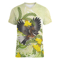 New Zealand Piwakawaka Fantail Bird Women V-Neck T-Shirt With Kowhai Flowers LT05 Female Green - Polynesian Pride