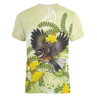 New Zealand Piwakawaka Fantail Bird Women V-Neck T-Shirt With Kowhai Flowers LT05 - Polynesian Pride
