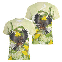 New Zealand Piwakawaka Fantail Bird Women V-Neck T-Shirt With Kowhai Flowers LT05 - Polynesian Pride