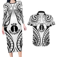 New Caledonia Day Couples Matching Long Sleeve Bodycon Dress and Hawaiian Shirt Polynesian Curves White Color LT05 White - Polynesian Pride