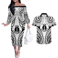 New Caledonia Day Couples Matching Off The Shoulder Long Sleeve Dress and Hawaiian Shirt Polynesian Curves White Color LT05 White - Polynesian Pride