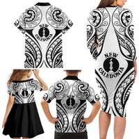 New Caledonia Day Family Matching Long Sleeve Bodycon Dress and Hawaiian Shirt Polynesian Curves White Color LT05 - Polynesian Pride