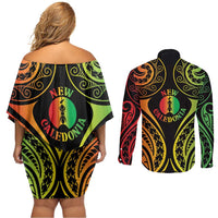 New Caledonia Day Couples Matching Off Shoulder Short Dress and Long Sleeve Button Shirt Polynesian Curves Reggae Color LT05 - Polynesian Pride
