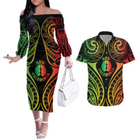 New Caledonia Day Couples Matching Off The Shoulder Long Sleeve Dress and Hawaiian Shirt Polynesian Curves Reggae Color LT05 Reggae - Polynesian Pride