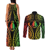 New Caledonia Day Couples Matching Tank Maxi Dress and Long Sleeve Button Shirt Polynesian Curves Reggae Color LT05 - Polynesian Pride