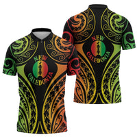 New Caledonia Day Zipper Polo Shirt Polynesian Curves Reggae Color - Polynesian Pride