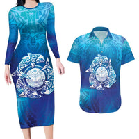 Marshall Islands Manit Day Couples Matching Long Sleeve Bodycon Dress and Hawaiian Shirt Tribal Dolphin With Marshall Seal LT05 Blue - Polynesian Pride