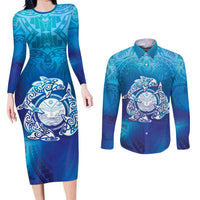 Marshall Islands Manit Day Couples Matching Long Sleeve Bodycon Dress and Long Sleeve Button Shirt Tribal Dolphin With Marshall Seal LT05 Blue - Polynesian Pride