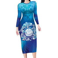 Marshall Islands Manit Day Family Matching Long Sleeve Bodycon Dress and Hawaiian Shirt Tribal Dolphin With Marshall Seal LT05 Mom's Dress Blue - Polynesian Pride