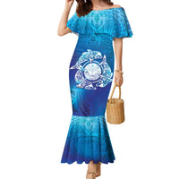 Marshall Islands Manit Day Family Matching Mermaid Dress and Hawaiian Shirt Tribal Dolphin With Marshall Seal LT05 Mom's Dress Blue - Polynesian Pride