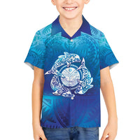 Marshall Islands Manit Day Family Matching Off Shoulder Short Dress and Hawaiian Shirt Tribal Dolphin With Marshall Seal LT05 Son's Shirt Blue - Polynesian Pride