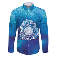Marshall Islands Manit Day Family Matching Puletasi and Hawaiian Shirt Tribal Dolphin With Marshall Seal LT05 Dad's Shirt - Long Sleeve Blue - Polynesian Pride