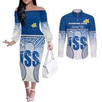 Personalized International School Suva Couples Matching Off The Shoulder Long Sleeve Dress and Long Sleeve Button Shirts With Fijian Tapa Pattern LT05 Blue - Polynesian Pride
