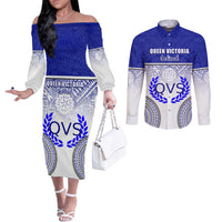 Personalized Queen Victoria School Couples Matching Off The Shoulder Long Sleeve Dress and Long Sleeve Button Shirts With Fijian Tapa Pattern LT05 Blue - Polynesian Pride