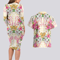 Hawaii Palaka Couples Matching Long Sleeve Bodycon Dress and Hawaiian Shirt Yellow Tribal Pattern With Tropical Flowers LT05 - Polynesian Pride