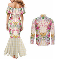 Hawaii Palaka Couples Matching Mermaid Dress and Long Sleeve Button Shirt Yellow Tribal Pattern With Tropical Flowers LT05 - Polynesian Pride