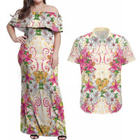 Hawaii Palaka Couples Matching Off Shoulder Maxi Dress and Hawaiian Shirt Yellow Tribal Pattern With Tropical Flowers LT05 Yellow - Polynesian Pride