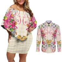 Hawaii Palaka Couples Matching Off Shoulder Short Dress and Long Sleeve Button Shirt Yellow Tribal Pattern With Tropical Flowers - Polynesian Pride