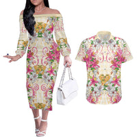 Hawaii Palaka Couples Matching Off The Shoulder Long Sleeve Dress and Hawaiian Shirt Yellow Tribal Pattern With Tropical Flowers LT05 Yellow - Polynesian Pride