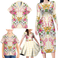 Hawaii Palaka Family Matching Long Sleeve Bodycon Dress and Hawaiian Shirt Yellow Tribal Pattern With Tropical Flowers LT05 - Polynesian Pride