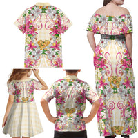 Hawaii Palaka Family Matching Off Shoulder Maxi Dress and Hawaiian Shirt Yellow Tribal Pattern With Tropical Flowers LT05 - Polynesian Pride