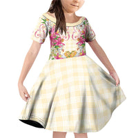 Hawaii Palaka Family Matching Off Shoulder Short Dress and Hawaiian Shirt Yellow Tribal Pattern With Tropical Flowers LT05 Daughter's Dress Yellow - Polynesian Pride