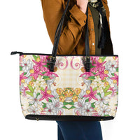 Hawaii Palaka Leather Tote Bag Yellow Tribal Pattern With Tropical Flowers - Polynesian Pride
