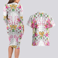 Hawaii Palaka Couples Matching Long Sleeve Bodycon Dress and Hawaiian Shirt White Tribal Pattern With Tropical Flowers LT05 - Polynesian Pride
