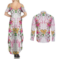 Hawaii Palaka Couples Matching Summer Maxi Dress and Long Sleeve Button Shirt White Tribal Pattern With Tropical Flowers LT05 - Polynesian Pride