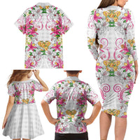 Hawaii Palaka Family Matching Long Sleeve Bodycon Dress and Hawaiian Shirt White Tribal Pattern With Tropical Flowers LT05 - Polynesian Pride
