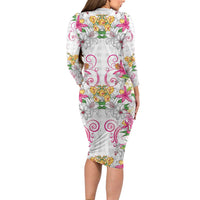 Hawaii Palaka Family Matching Long Sleeve Bodycon Dress and Hawaiian Shirt White Tribal Pattern With Tropical Flowers LT05 - Polynesian Pride