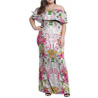 Hawaii Palaka Family Matching Off Shoulder Maxi Dress and Hawaiian Shirt White Tribal Pattern With Tropical Flowers LT05 Mom's Dress White - Polynesian Pride